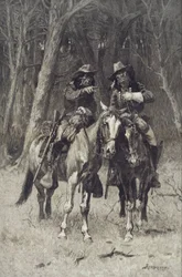 Éclaireurs cheyennes patrouillant le grand bois du nord canadien, Oklahoma